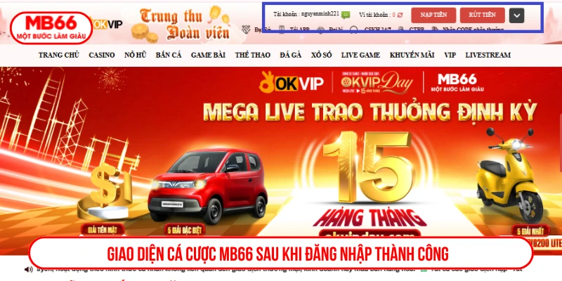 Giao diện cá cược MB66 sau khi đăng nhập thành công