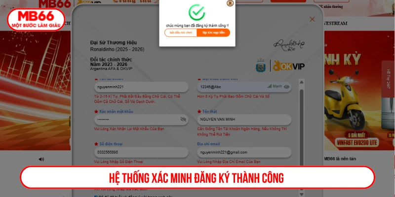 Hệ thống MB66 xác minh đăng ký tài khoản thành công