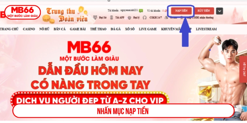 Nhấn mục nạp tiền trên màn hình trang chủ MB66 sau khi đăng nhập
